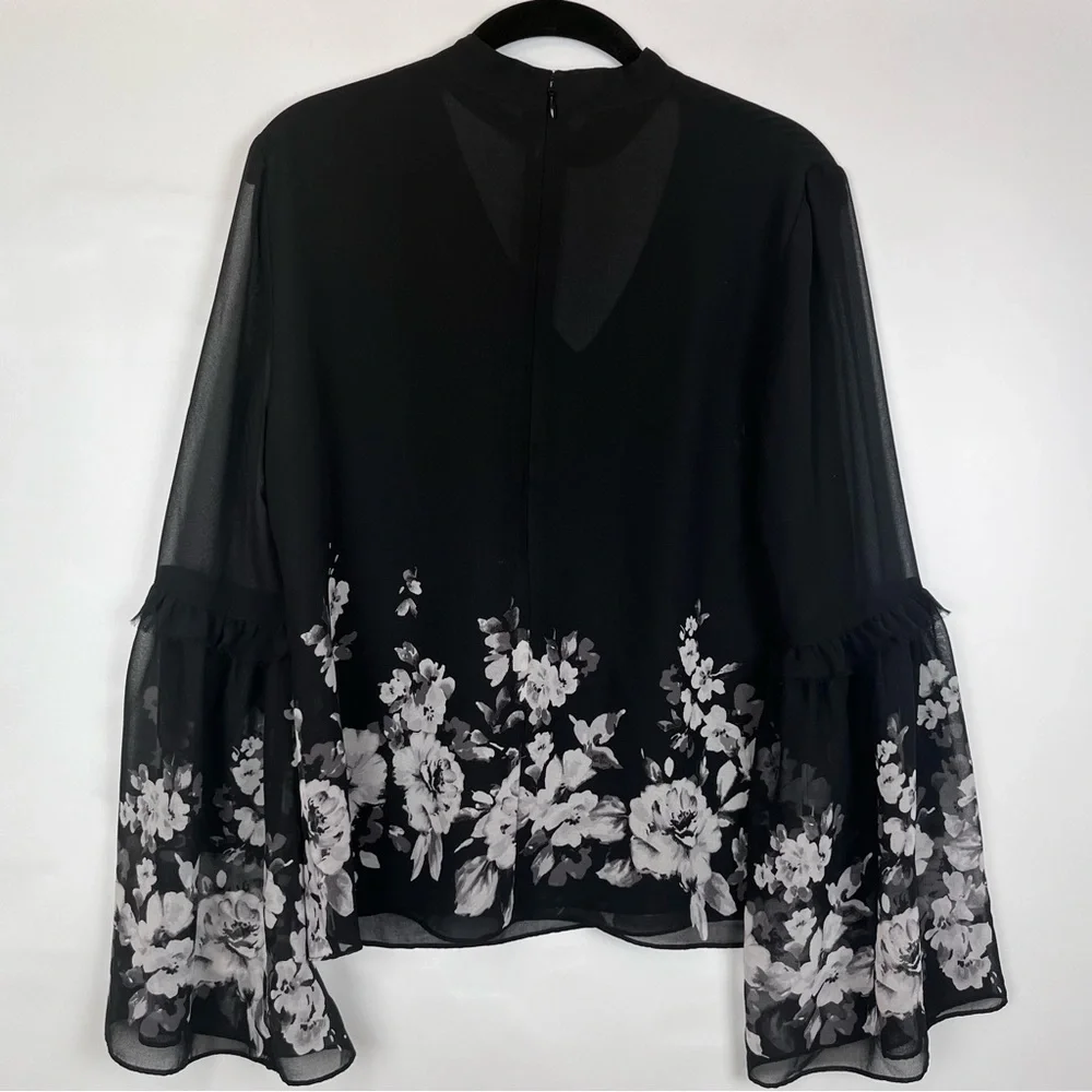 White House Black Market Blouse Size 8 Black White Floral Choker Chiffon Lined